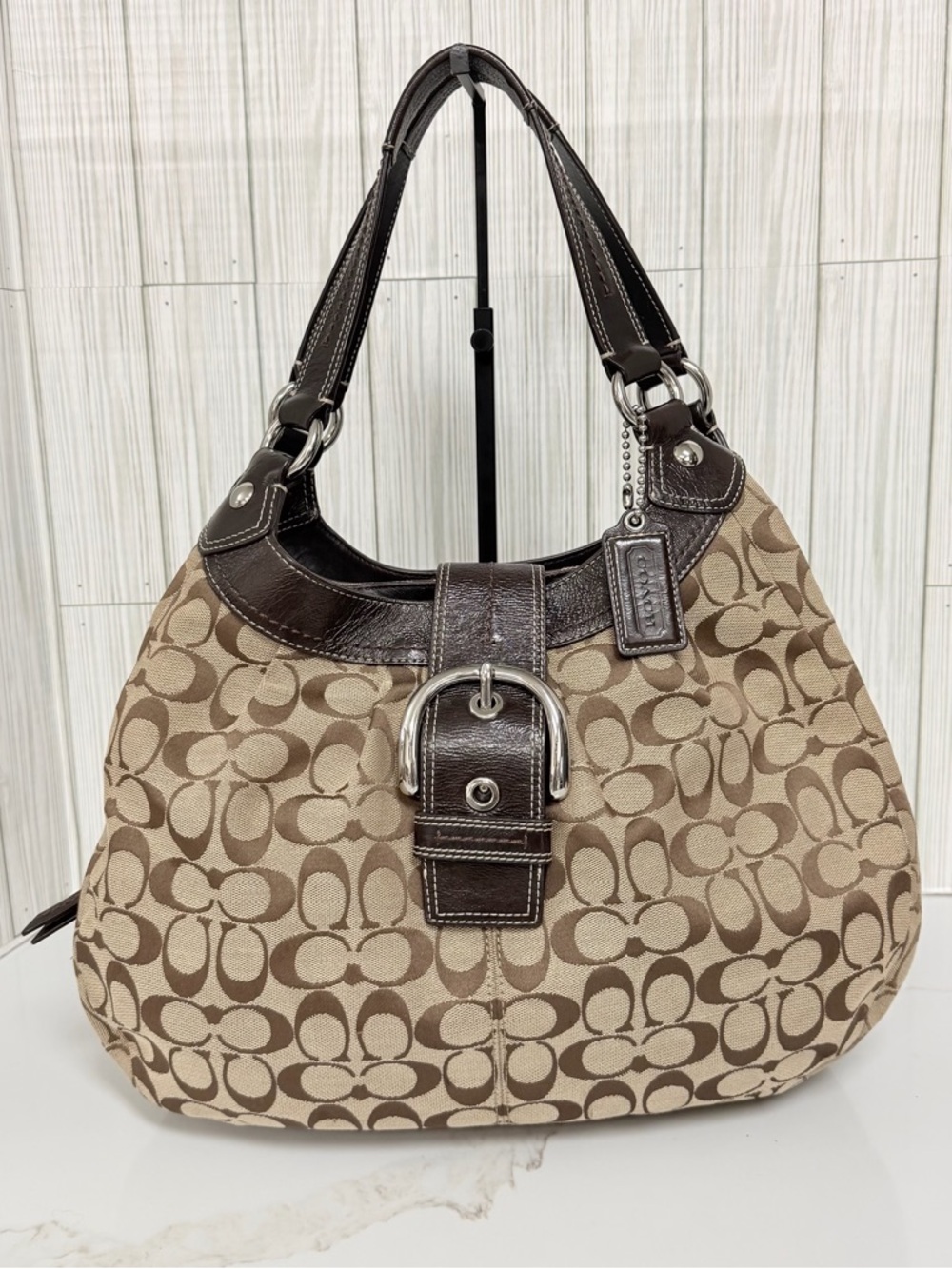 Coach Brown Signature Shoulder Bag with Dark Brown Leather Trim - Picture 2 of 16